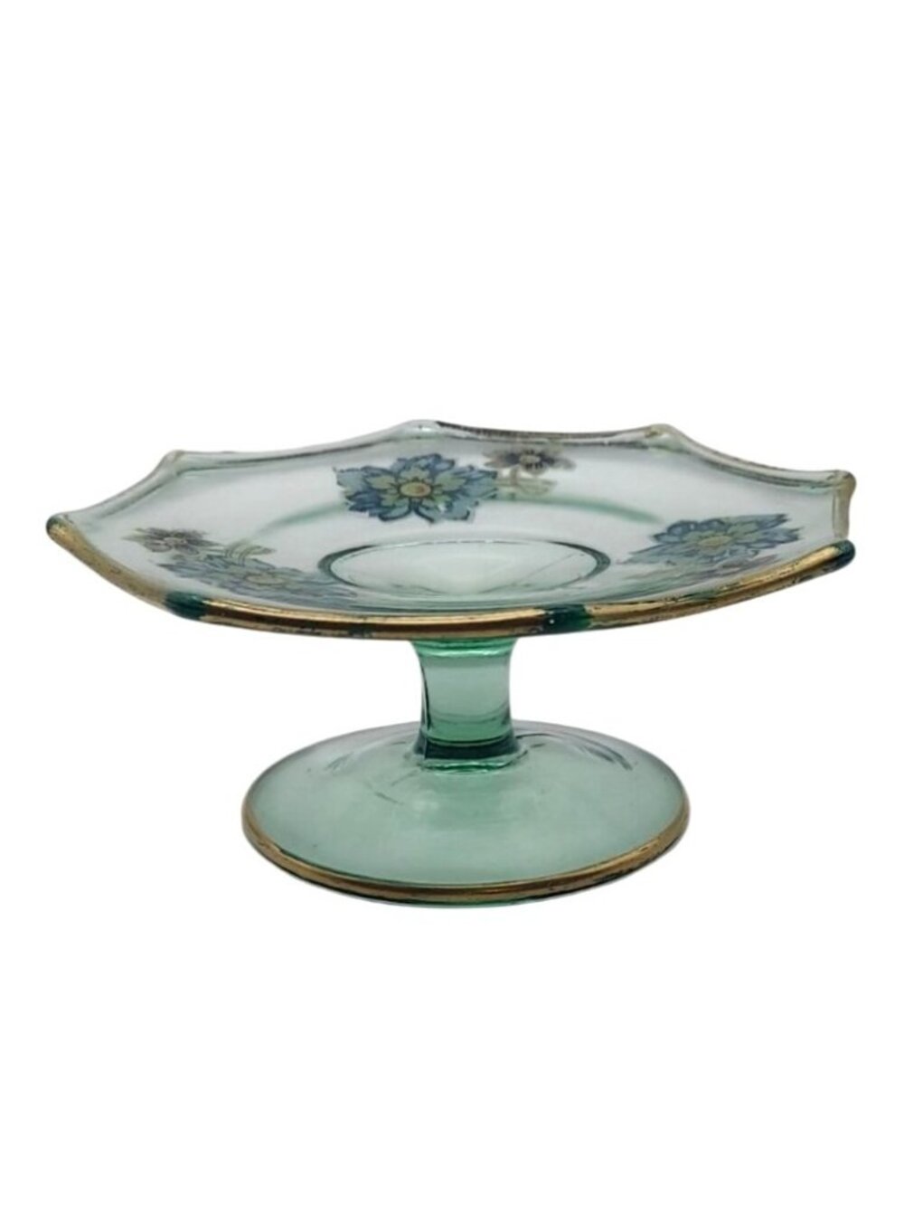 Vintage Green Depression Glass Floral Applique Bon Bon Candy Pedestal Stand